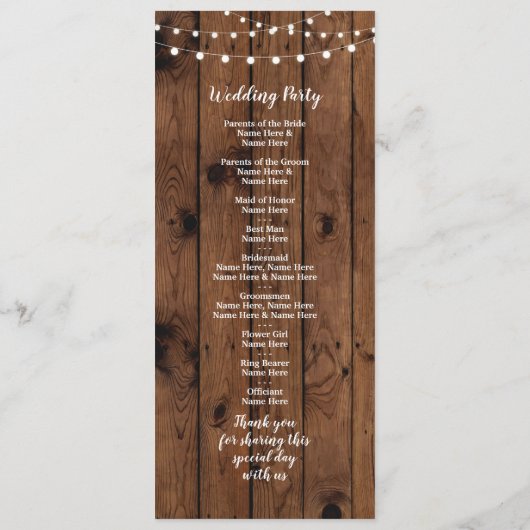 Rustic Wood & String Lights Wedding Program Programmakaart (Achterkant)