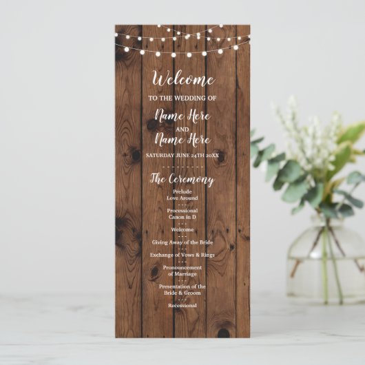 Rustic Wood & String Lights Wedding Program Programmakaart (Staand voorkant)