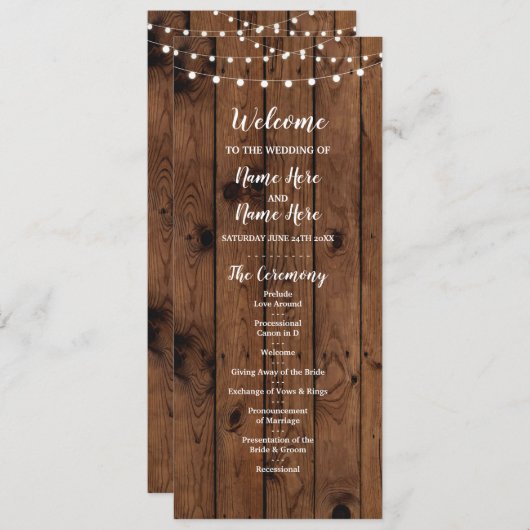 Rustic Wood & String Lights Wedding Program Programmakaart (Voorkant / Achterkant)