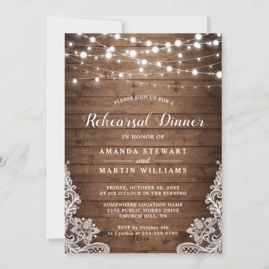 Rustic Wood String Lights Wedding Rehearsal Dinner Kaart (Voorkant)