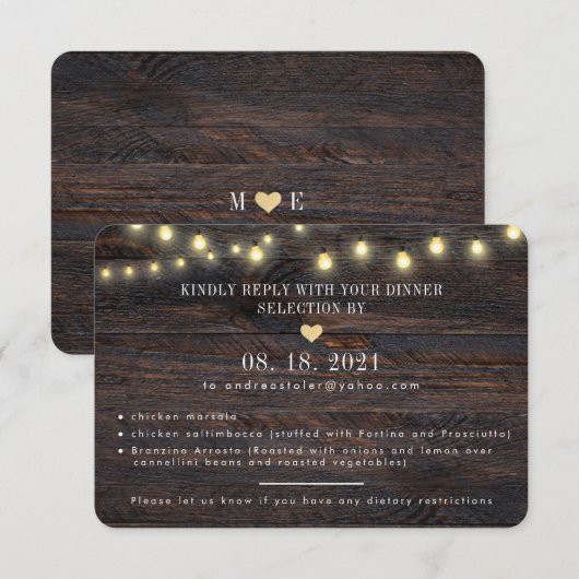 Rustic Wood String Lights Wedding Response Card RSVP Kaartje (Voorkant / Achterkant)
