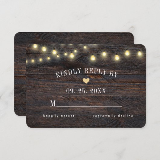 Rustic Wood String Lights Wedding Response Kaart (Voorkant / Achterkant)