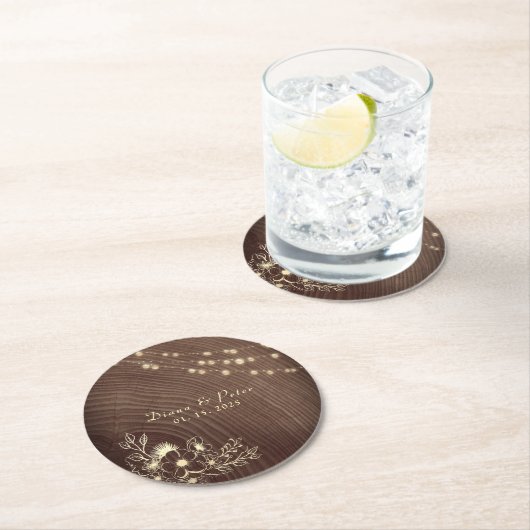 Rustic Wood String Lights Wedding Ronde Kartonnen Onderzetter (Insitu)