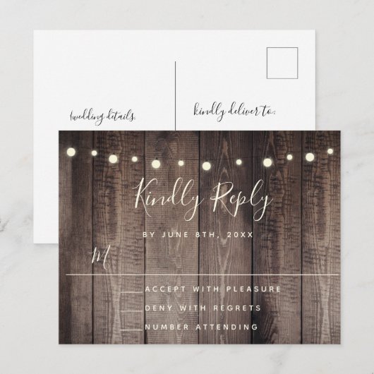 Rustic Wood String Lights Wedding RSVP Briefkaart (Voorkant / Achterkant)