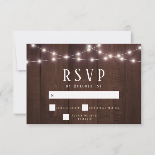 Rustic Wood String Lights Wedding RSVP-kaart RSVP Kaartje (Voorkant)