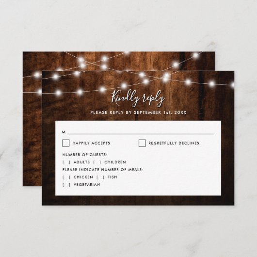Rustic Wood & String Lights Wedding RSVP Kaartje (Voorkant / Achterkant)