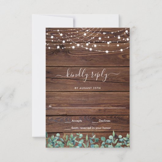 Rustic Wood String Lights Wedding RSVP Notitiekaartje (Voorkant)