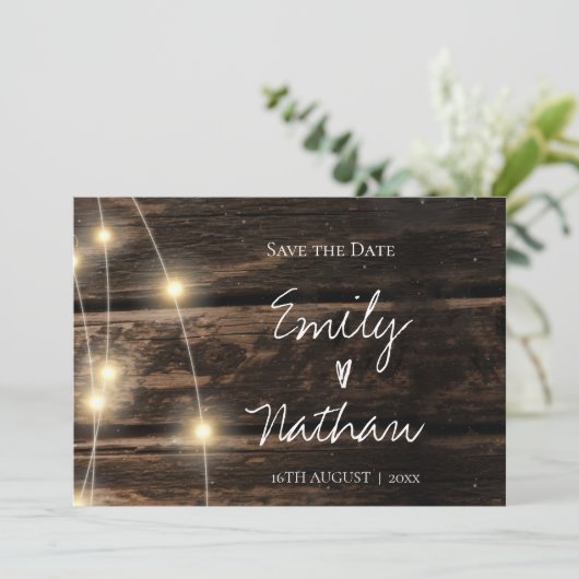 Rustic Wood String Lights Wedding Save the Date (Staand voorkant)
