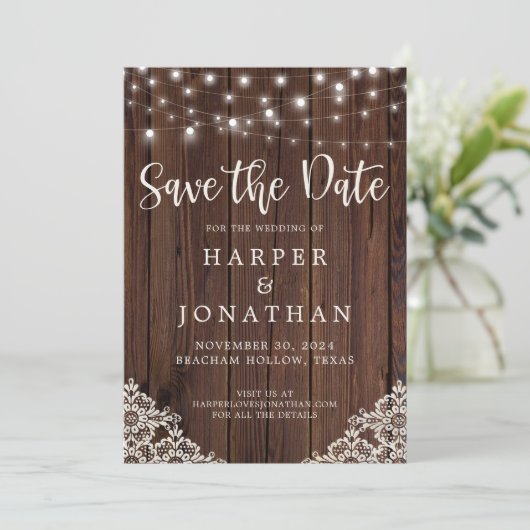 Rustic Wood String Lights Wedding Save the Date (Staand voorkant)