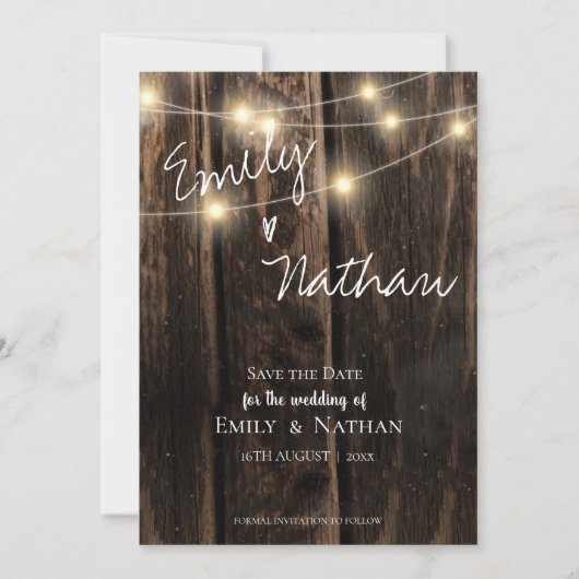 Rustic Wood String Lights Wedding Save the Date (Voorkant)