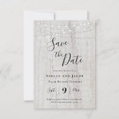 Rustic Wood String Lights Wedding Save the Date (Voorkant)