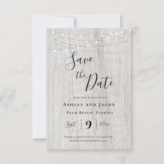Rustic Wood String Lights Wedding Save the Date (Voorkant)