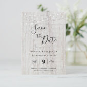 Rustic Wood String Lights Wedding Save the Date (Staand voorkant)