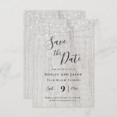 Rustic Wood String Lights Wedding Save the Date (Voorkant / Achterkant)