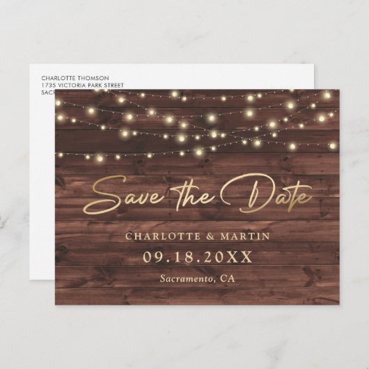 Rustic Wood String Lights Wedding Save the Date Aankondigingskaart (Voorkant / Achterkant)