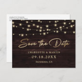 Rustic Wood String Lights Wedding Save the Date Aankondigingskaart (Voorkant / Achterkant)