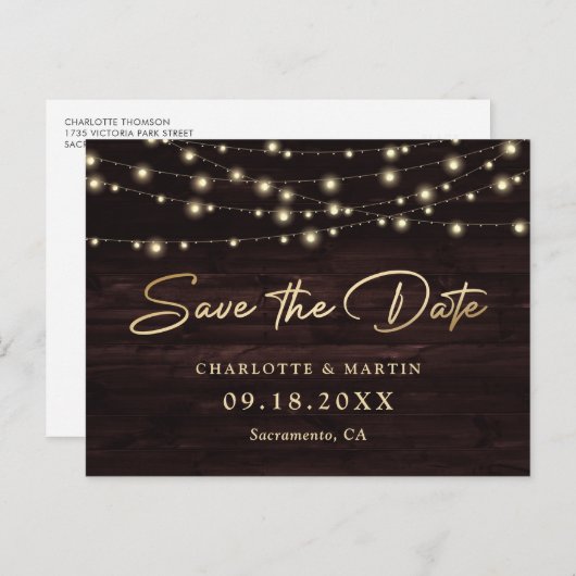 Rustic Wood String Lights Wedding Save the Date Aankondigingskaart (Voorkant / Achterkant)