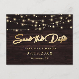Rustic Wood String Lights Wedding Save the Date Aankondigingskaart
