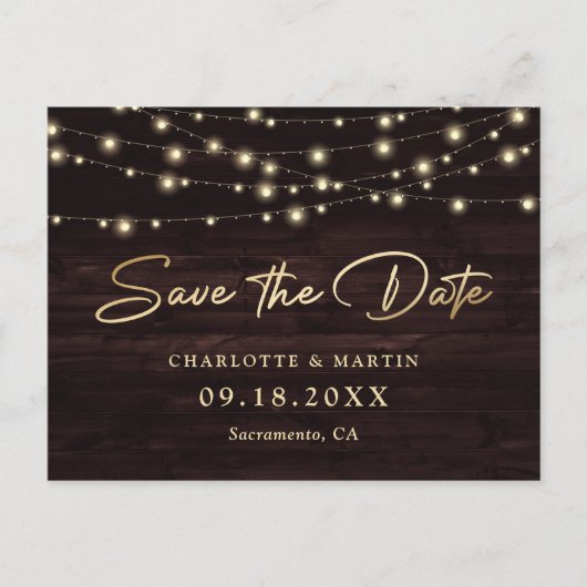 Rustic Wood String Lights Wedding Save the Date Aankondigingskaart (Voorkant)
