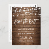 Rustic Wood String Lights Wedding Save the Date Briefkaart (Voorkant / Achterkant)