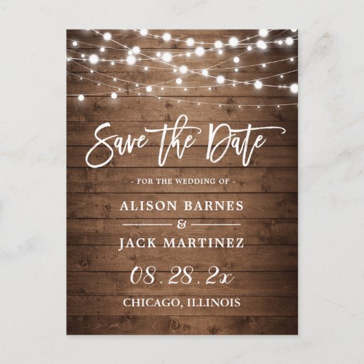 Rustic Wood String Lights Wedding Save the Date Briefkaart (Voorkant)