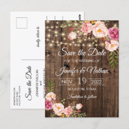 Rustic Wood String Lights Wedding Save the Date Briefkaart
