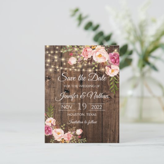 Rustic Wood String Lights Wedding Save the Date Briefkaart (Staand voorkant)