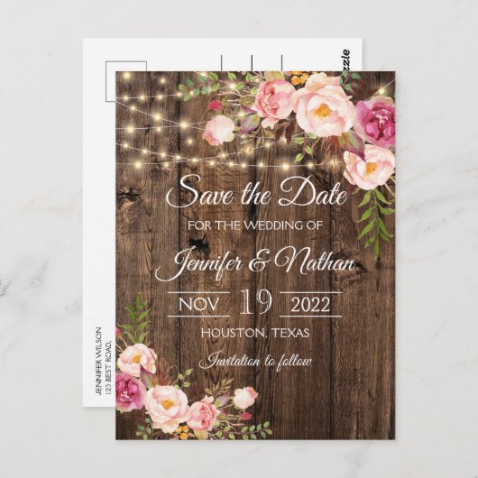 Rustic Wood String Lights Wedding Save the Date Briefkaart (Voorkant / Achterkant)