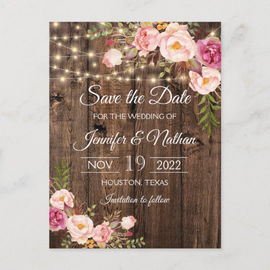 Rustic Wood String Lights Wedding Save the Date Briefkaart (Voorkant)