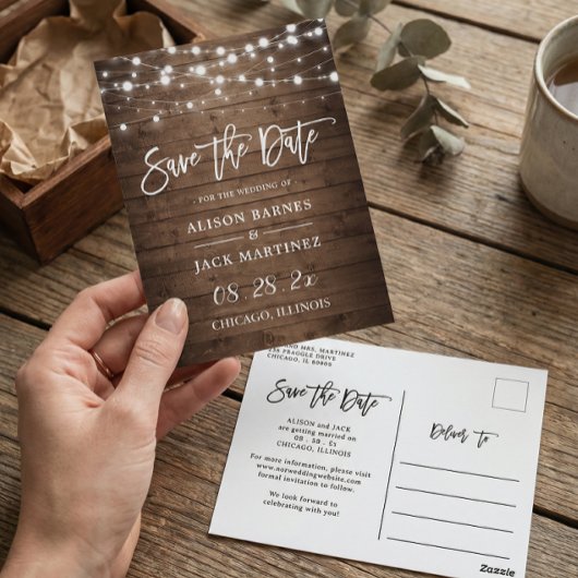 Rustic Wood String Lights Wedding Save the Date Briefkaart
