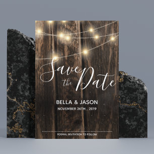 Rustic Wood String Lights Wedding Save the Date Magnetische Uitnodiging