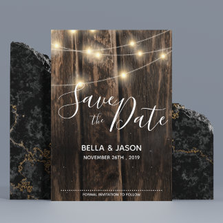 Rustic Wood String Lights Wedding Save the Date Magnetische Uitnodiging