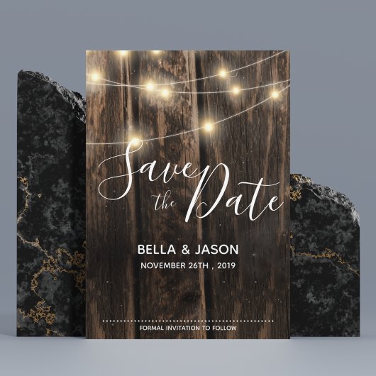 Rustic Wood String Lights Wedding Save the Date Magnetische Uitnodiging