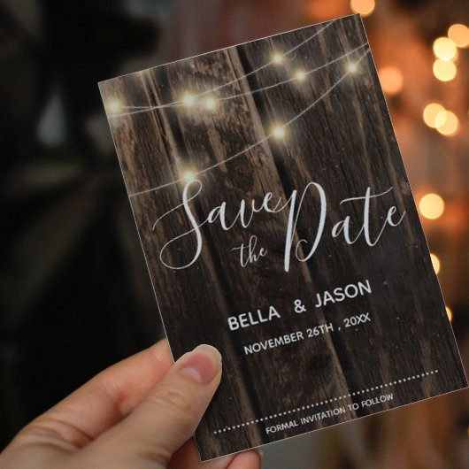 Rustic Wood String Lights Wedding Save the Date Uitnodiging Briefkaart
