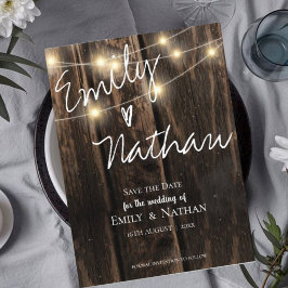 Rustic Wood String Lights Wedding Save the Date Uitnodiging Briefkaart