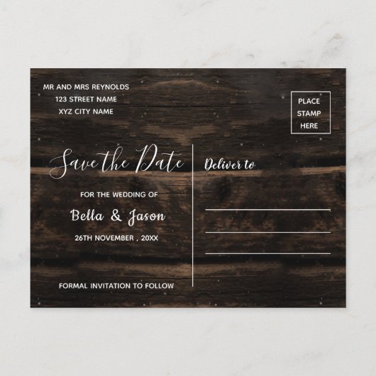 Rustic Wood String Lights Wedding Save the Date Uitnodiging Briefkaart (Achterkant)