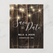 Rustic Wood String Lights Wedding Save the Date Uitnodiging Briefkaart (Voorkant)