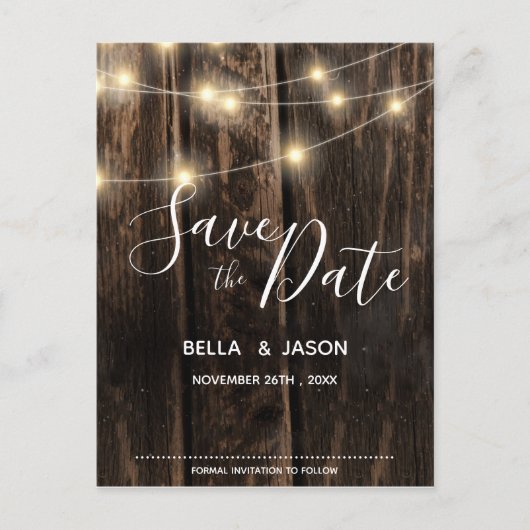 Rustic Wood String Lights Wedding Save the Date Uitnodiging Briefkaart (Voorkant)