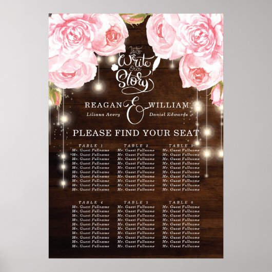Rustic Wood String Lights Wedding Seating Charts Poster (Voorkant)