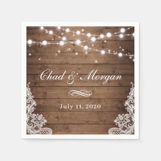 Rustic Wood String Lights Wedding Servet (Voorkant)
