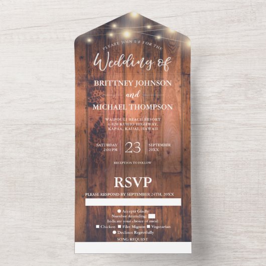 Rustic Wood String Lights Wedding Song All In One Uitnodiging (Binnen)