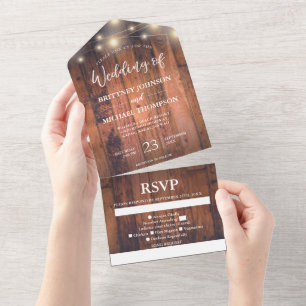 Rustic Wood String Lights Wedding Song All In One Uitnodiging