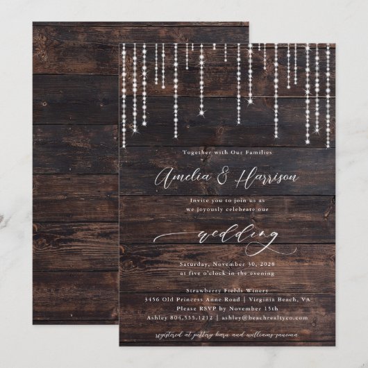 Rustic Wood String Lights Wedding Uitnodiging (Voorkant / Achterkant)