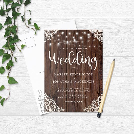 Rustic Wood String Lights Wedding Uitnodiging Briefkaart