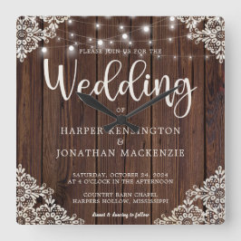 Rustic Wood String Lights Wedding Vierkante Klok