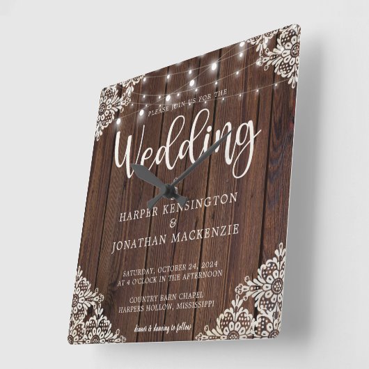 Rustic Wood String Lights Wedding Vierkante Klok (Hoek)