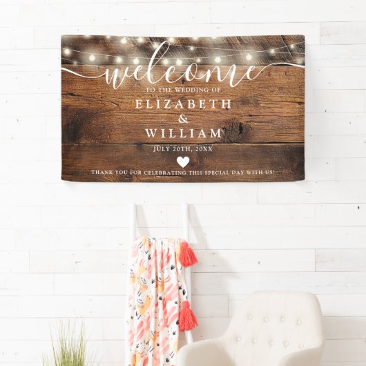Rustic Wood String Lights Wedding Welcome Spandoek (Insitu)