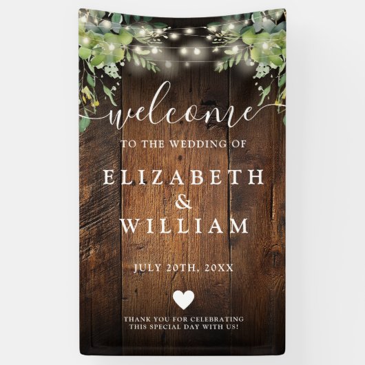 Rustic Wood String Lights Wedding Welcome  Spandoek (Verticaal)