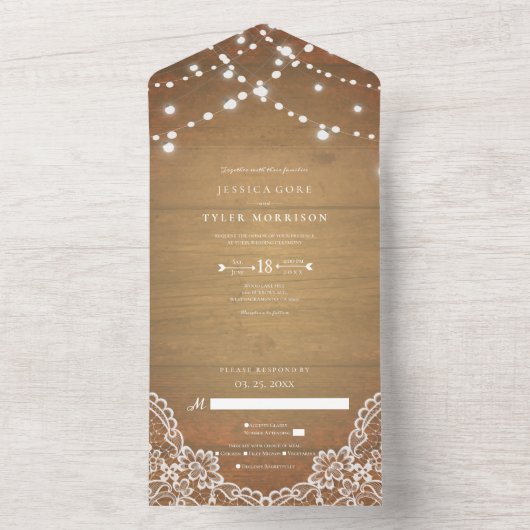 Rustic Wood String Lights White Lace All In One Uitnodiging (Binnen)