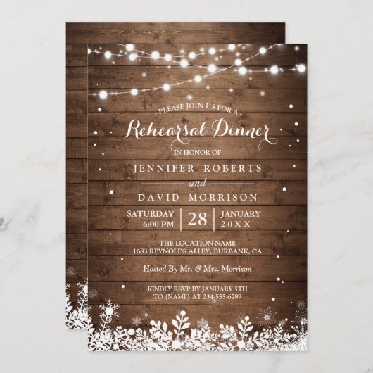 Rustic Wood String Lights Winter Rehearsal Dinner Kaart (Voorkant / Achterkant)